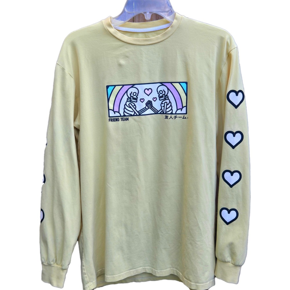 Cool Shirtz Friend Team Long Sleeve Graphic Tee Yellow Skeleton Hearts Medium